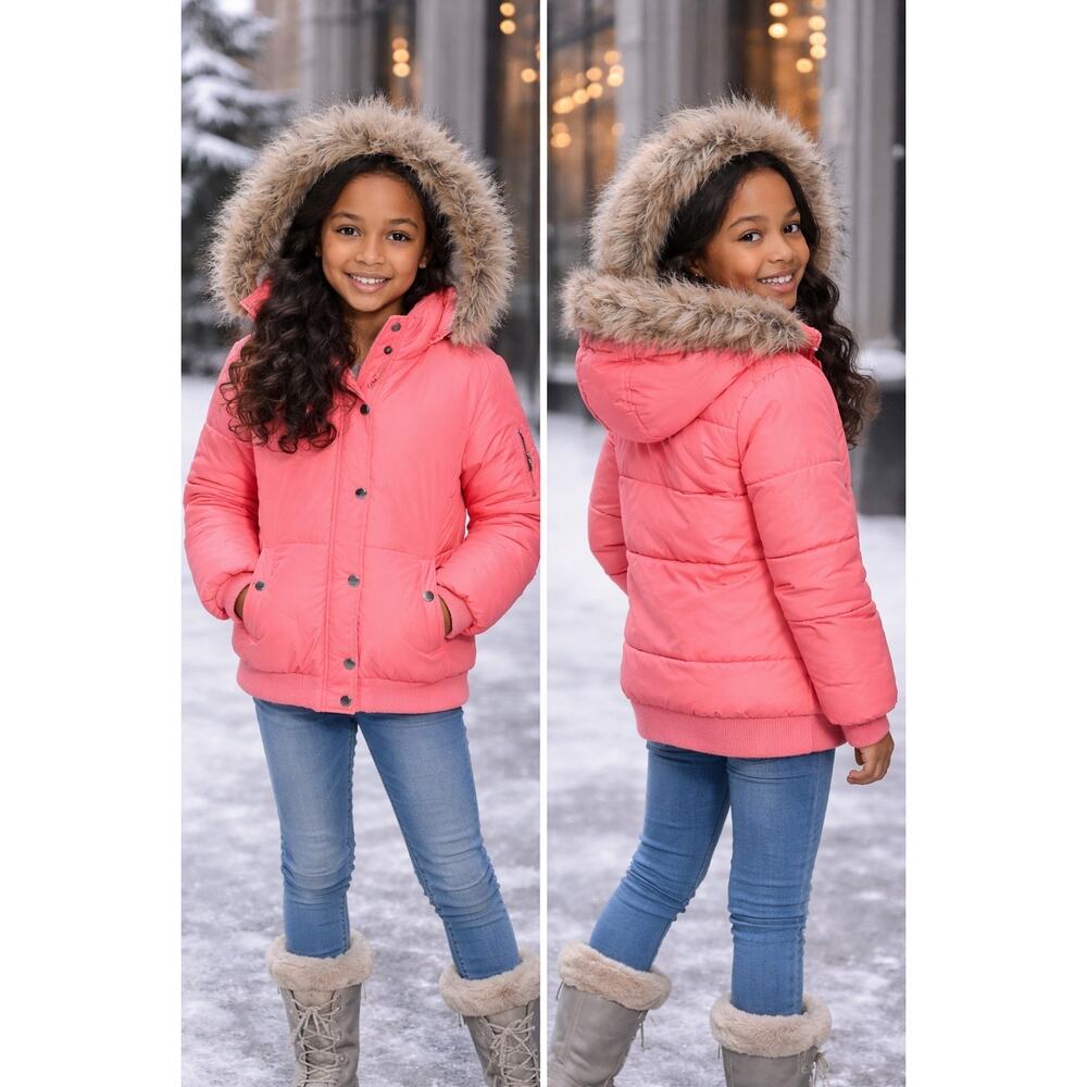 Justice Girls peach faux Fur Hooded Full Zip Puffer Jacket Coat Size 16 18